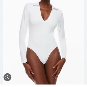 Aritzia Babaton Contour White Polo Long Sleeve Bodysuit
